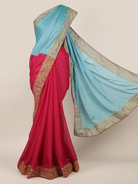 

Pothys Blue & Red Poly Chiffon Embellished Saree