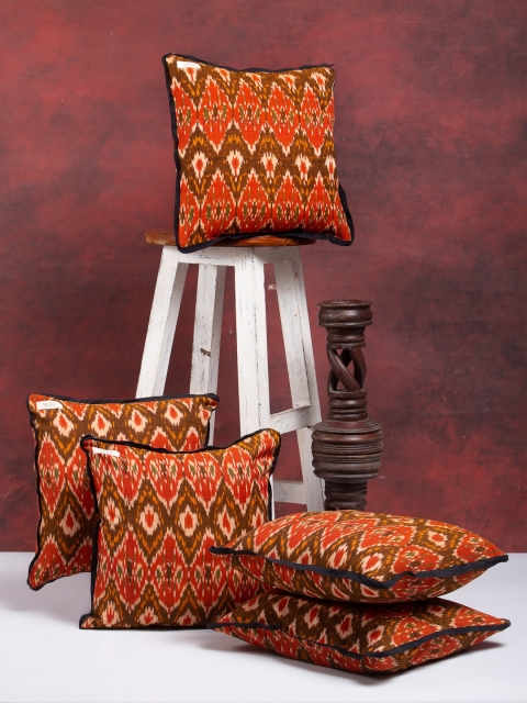 

I AM FOR YOU Orange & Brown Set of 5 Ethnic Motifs Square Cushion Covers