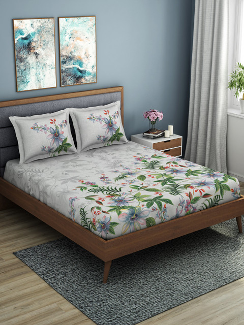 

SPACES Organic Cotton Grey & Green Floral 180 TC Cotton 1 King Bedsheet with 2 Pillow Covers