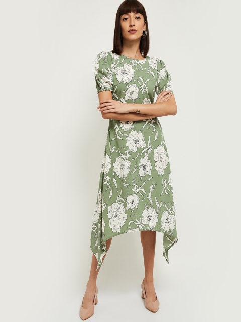 

max Women Green & White Floral Printed A-Line Dress