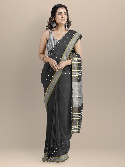 

BharatSthali Black Pure Linen Solid Mangalagiri Saree