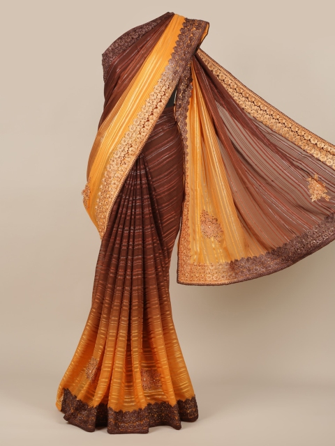 

Pothys Brown & Yellow Poly Georgette Striped Saree