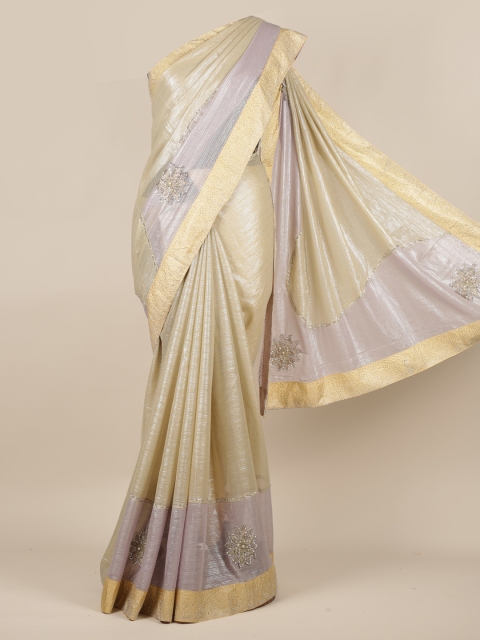 

Pothys Cream-Coloured & Silver-Toned Poly Georgette Colourblocked Saree