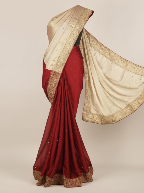 

Pothys Cream-Coloured & Maroon Poly Chiffon Embellished Saree