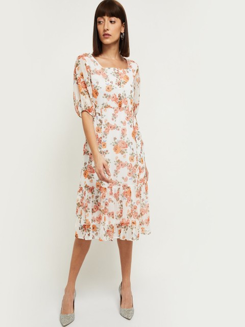 

max Women Cream-Coloured Printed Fit and Flare Dress