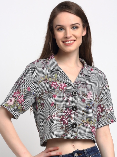 Just Wow White & Black Floral Printed Crepe Shirt Style Crop Top