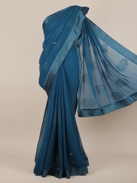 

Pothys Blue & Gold-Toned Poly Chiffon Embellished Saree