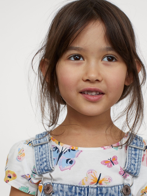 

H&M Girls White & Blue Pure Cotton Printed Puff-Sleeved Jersey Top
