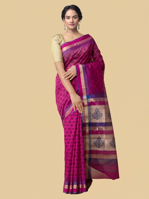 

Unnati Silks Pink Silk Cotton Woven Design Handloom Maheshwari Saree
