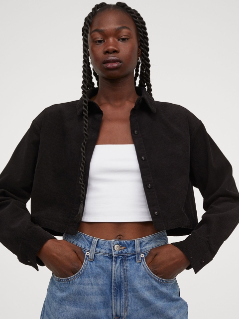 

H&M Women Black Solid Boxy Cotton Shirt