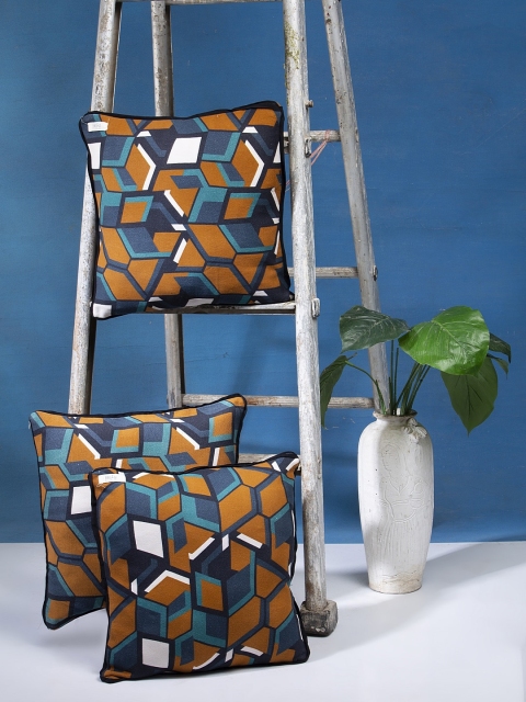 

I AM FOR YOU Tan & Sea Green Set of 3 Geometric Square Cushion Covers