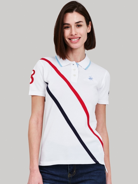 

Beverly Hills Polo Club Women White Striped Polo Collar T-shirt