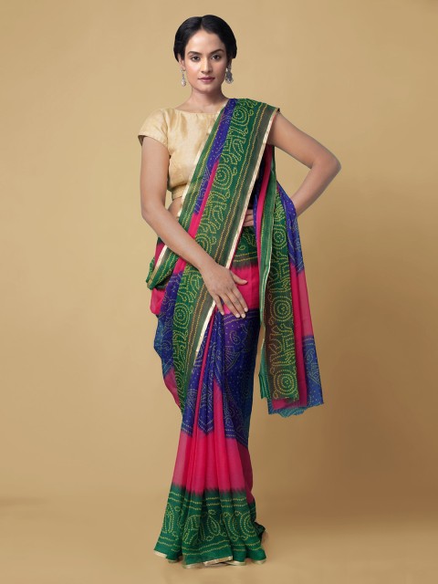 

Unnati Silks Green & Pink Pure Chiffon Printed Baluchari Handloom Saree