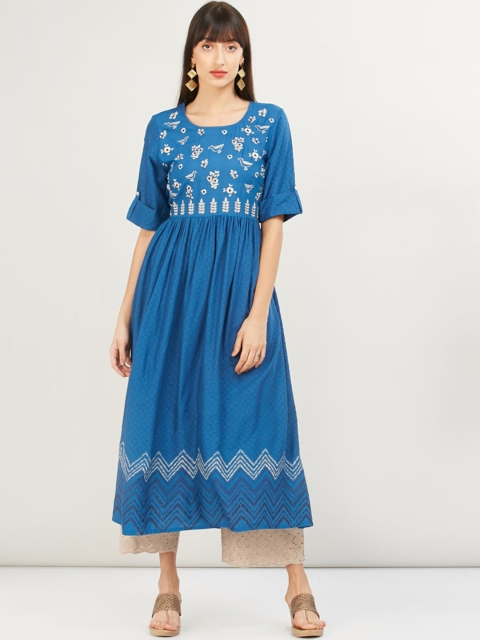 

max Women Blue & Off White Ethnic Motifs Yoke Design Thread Work Anarkali Kurta
