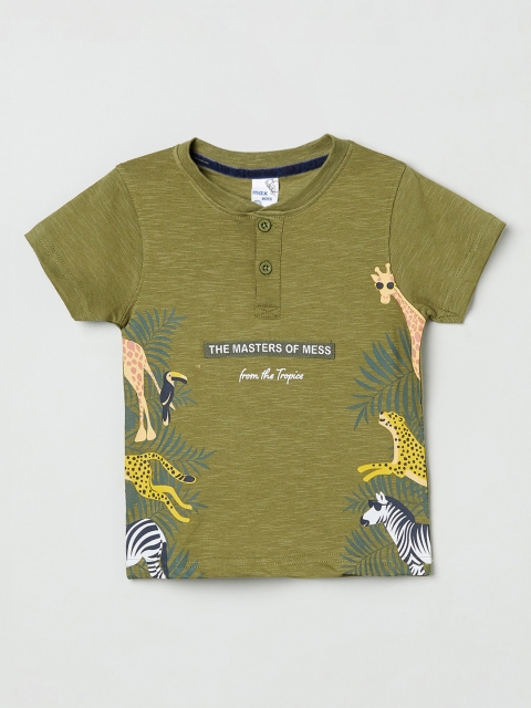 

max Boys Green Printed Henley Neck T-shirt