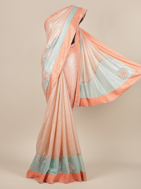 

Pothys Peach-Coloured & Blue Poly Georgette Solid Saree