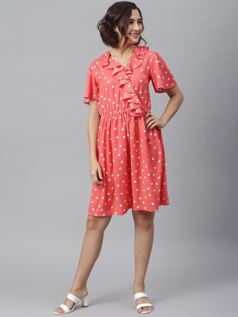 

StyleStone Women Coral Red & White Polka Dot Printed Wrap Dress