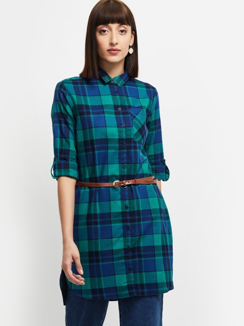 

max Women Green & Blue Regular Fit Checked Cotton Casual Shirt