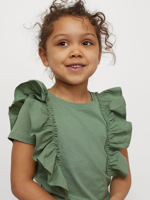 

H&M Girls Green Solid Flounce-trimmed Cotton Top