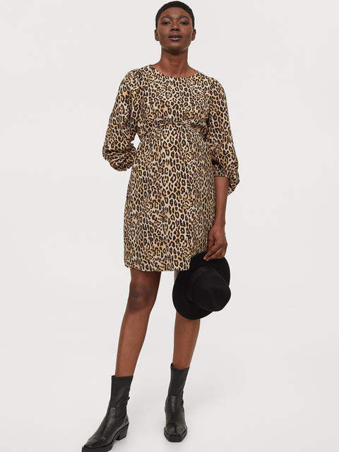

H&M Women Beige & Brown Printed MAMA Balloon-Sleeved Dress