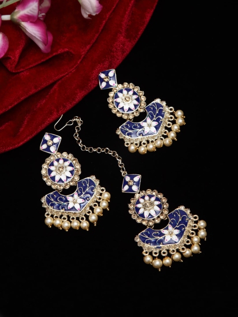 

Shining Diva 18K Gold-Plated Blue & White Stone-Studded Beaded Enamelled Jewellery Set