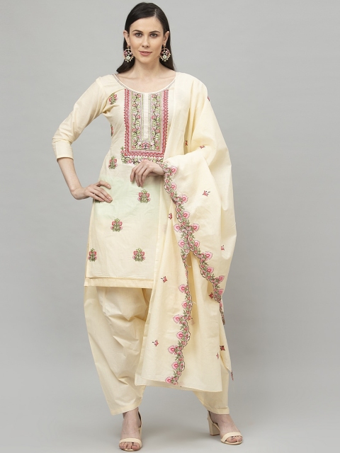 

Satrani Cream-Coloured & Pink Pure Cotton Unstitched Dress Material