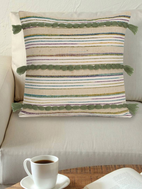 

Mezposh Off-White & Green Set of Single Self Design Square Cushion Covers