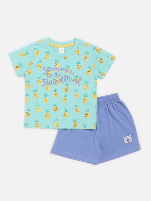 

TOFFY HOUSE Boys Turquoise Blue & Yellow Printed T-shirt with Shorts
