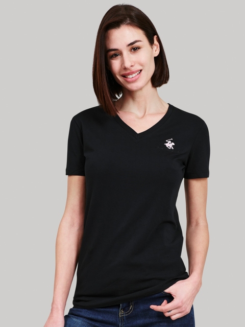 Beverly Hills Polo Club Women Black Solid V-Neck T-shirt