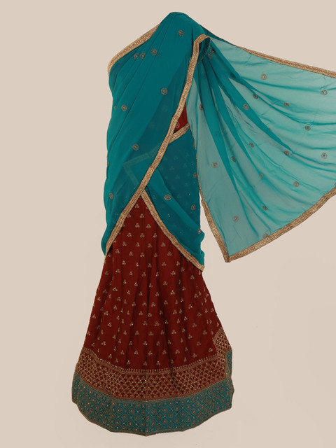 

Pothys Blue & Maroon Poly Chiffon Woven Design Half Saree