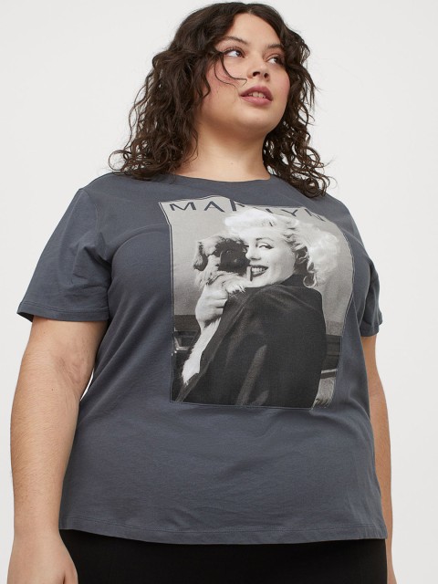 

H&M Plus Women Grey & White Printed T-shirt