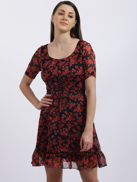 

Zink London Women Black & Red Floral Printed Fit and Flare Dress