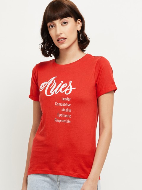 

max Women Red Printed Round Neck T-shirt
