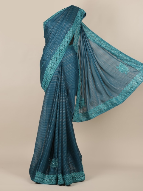 

Pothys Blue & Gold-Toned Poly Georgette Striped Saree