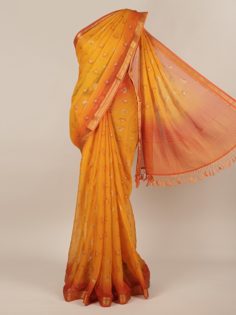 

Pothys Mustard Yellow & Orange Poly Chiffon Printed Saree