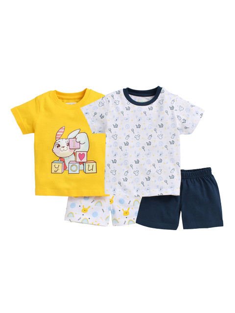 

BUMZEE Unisex Kids Pack Of 2 Yellow & Navy Blue Printed T-shirts with Shorts