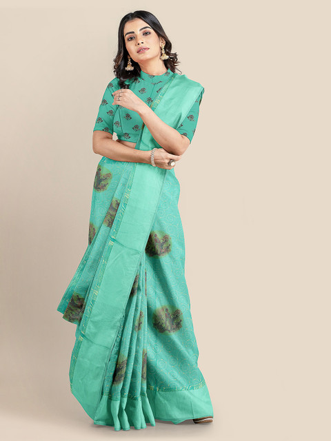 

KLM Fashion Mall Sea Green Silk Blend Printed Banarasi Saree