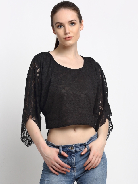 

Just Wow Black Flared Sleeves Lace Boxy Crop Top