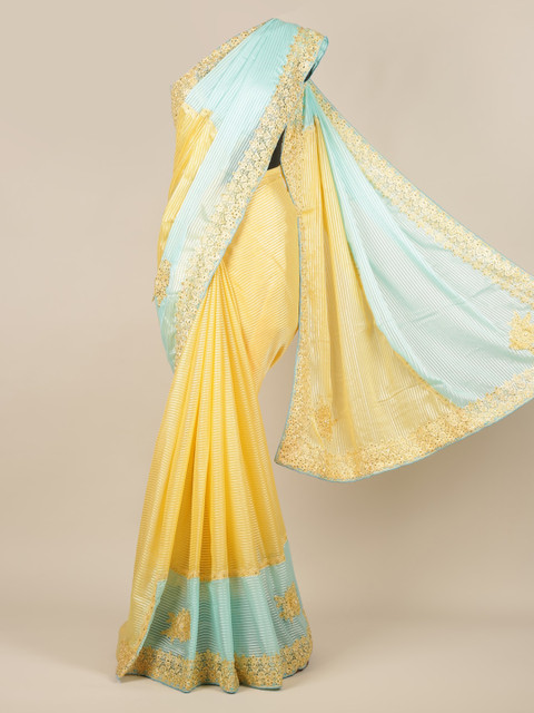 

Pothys Yellow Striped Poly Georgette Saree