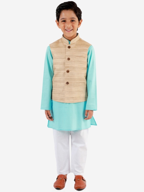 

VASTRAMAY Boys Blue & White Kurta with Pyjamas & Nehru Jacket