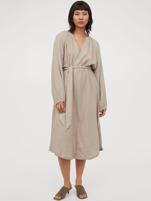 

H&M Women Beige Solid Crinkled Cotton Wrap Dress