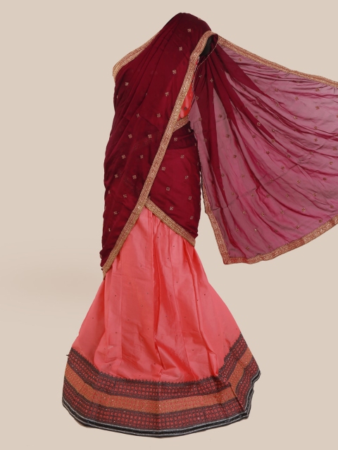 

Pothys Maroon & Coral Poly Chiffon Woven Design Lehenga Saree