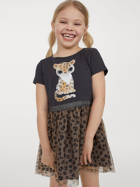 

H&M Girls Grey & Brown Animal Printed Tulle-Skirt Jersey Dress