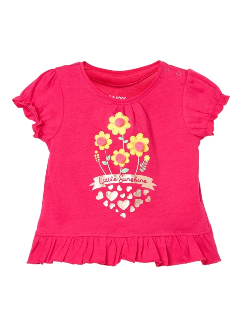 

Juniors by Lifestyle Pink Floral Printed Puff Sleeves Pure Cotton Regular Top