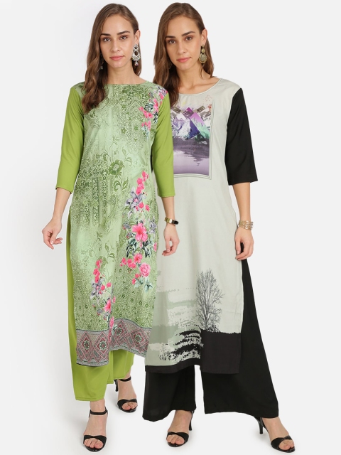 

Florence Women Pack Of 2 Green & Black Printed Kurta with Palazzos