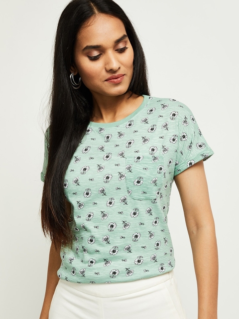 

max Women Green Printed V-Neck T-shirt