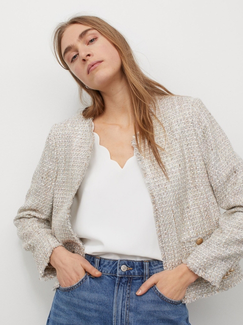 

H&M White Solid Scallop-edged Top