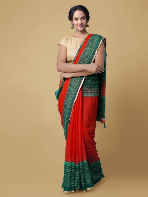 

Unnati Silks Red & Green Pure Chiffon Solid Baluchari Saree