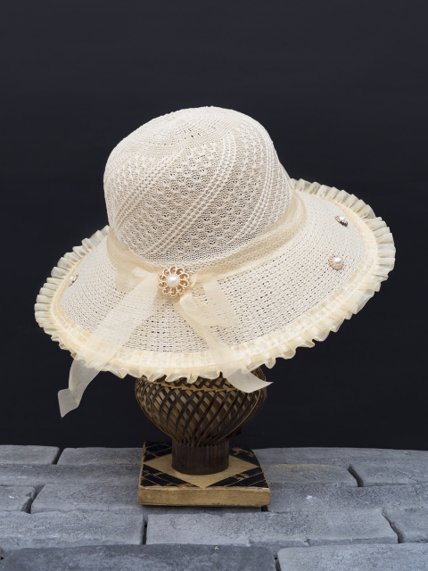 

Golden Peacock Women Cream-Coloured Woven Design Straw Sun Hat