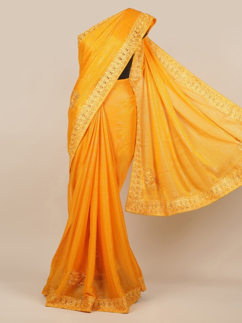 

Pothys Yellow Striped Poly Georgette Saree